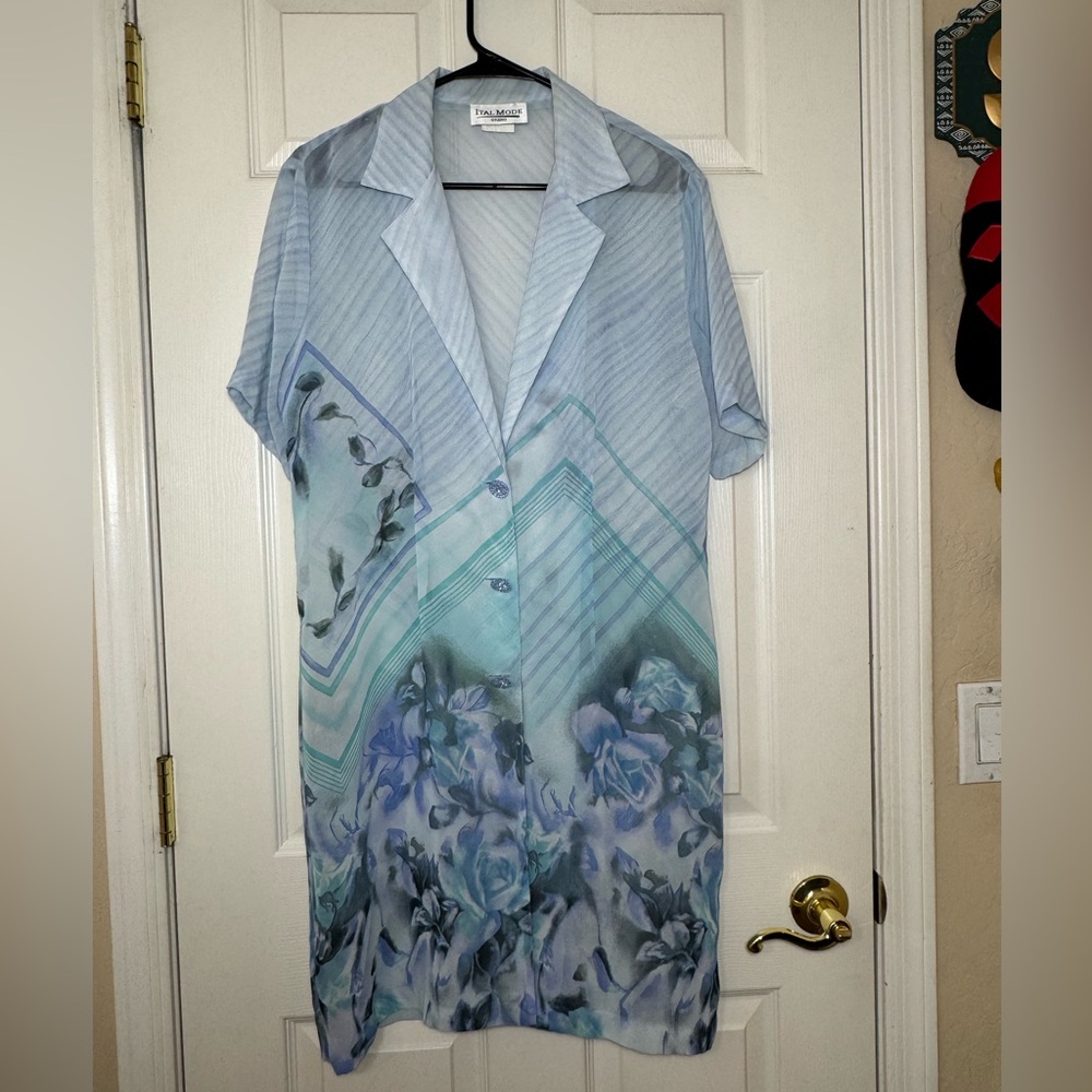 Vintage Ital Mode Studio Sheer Floral Shirt Dress Blue Pastel Roses Made‎ in USA